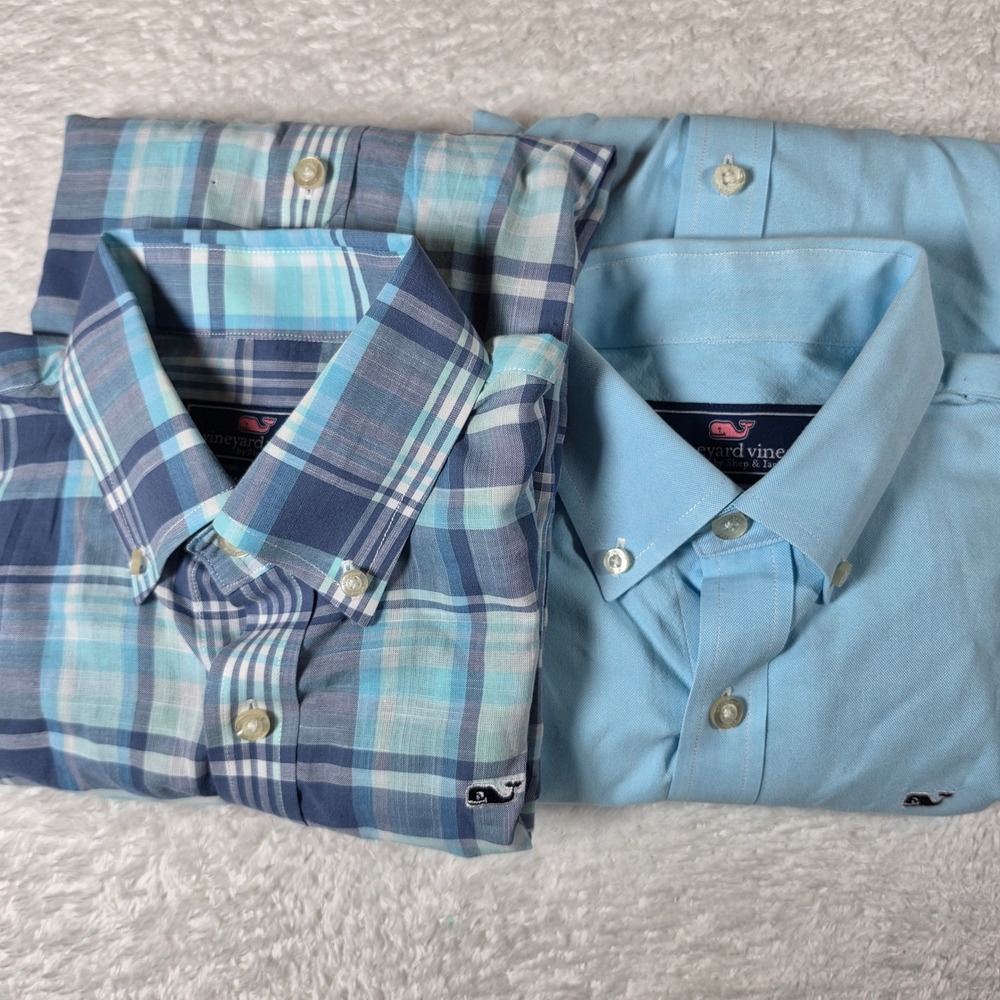 2 Pack Vineyard Vines Whale Shirt Boys L 16/18 Blue Plaid Solid L/S Button Up